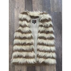 Red Snap Womens Faux Fur Striped Vest Brown‎ Cream Shaggy Open Front Small